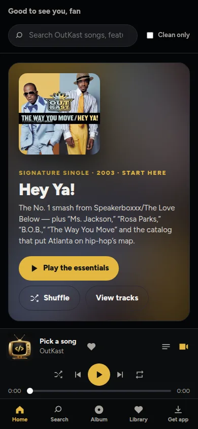 OutKast fan app home screen
